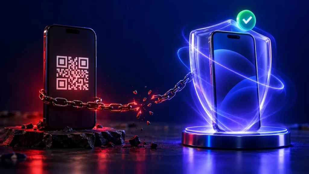Celular com conexão por QR Code acorrentado e instável ao lado de um celular protegido por escudo, representando a API Oficial do WhatsApp
