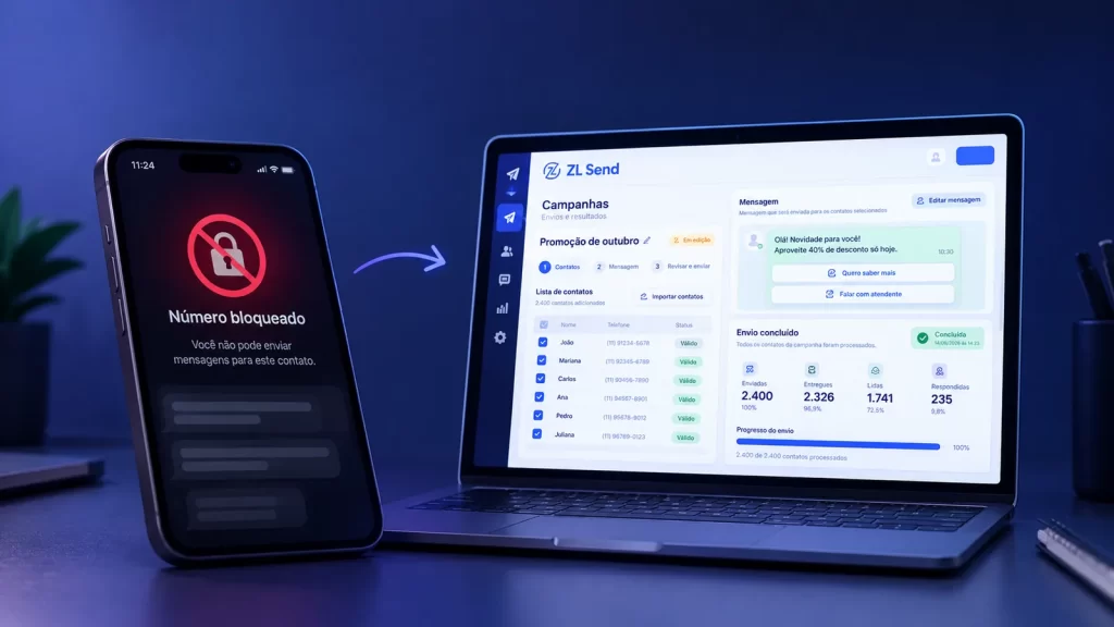 Celular com aviso de número bloqueado ao lado do painel de campanhas do ZL Send