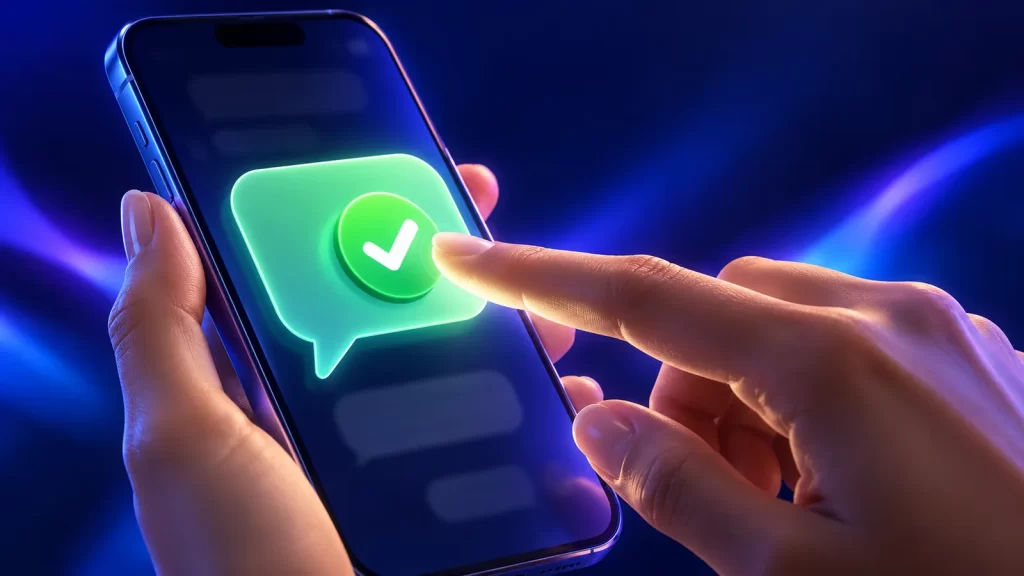 Mão tocando em um botão de confirmação verde no celular, representando o consentimento para receber mensagens