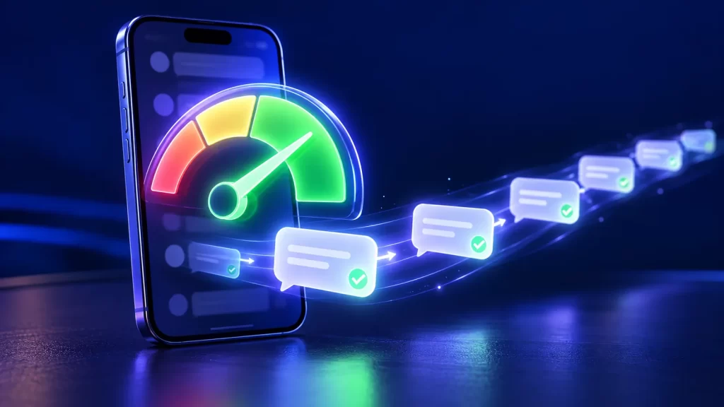 Celular com medidor de qualidade do número no verde e mensagens saindo em fila, em ritmo constante