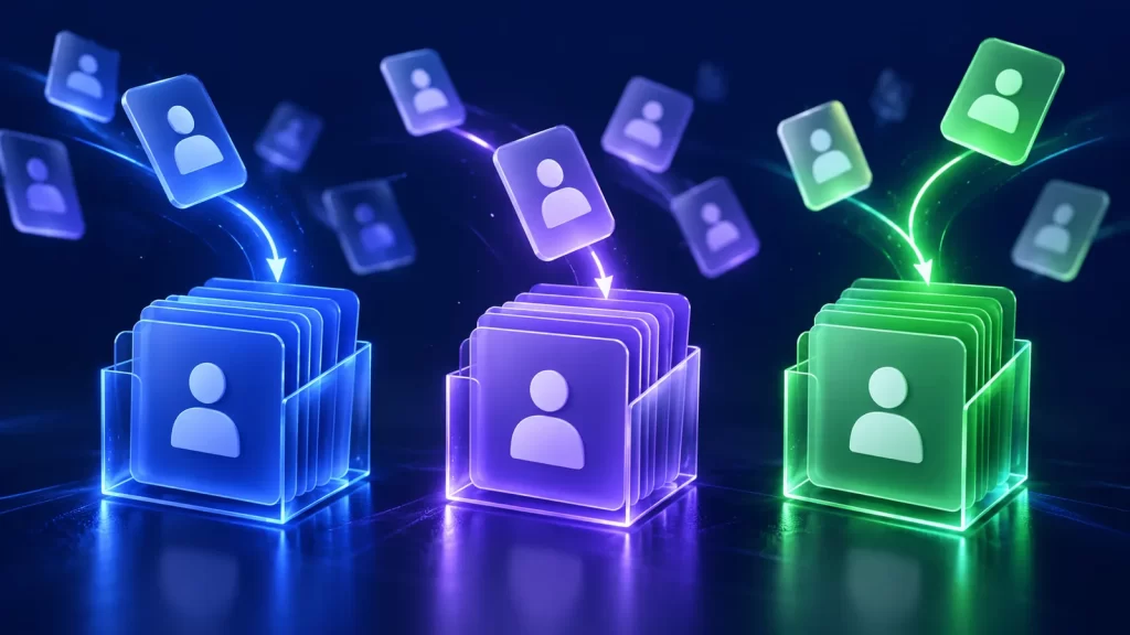Cartões de contatos sendo separados em três grupos de cores diferentes antes do disparo
